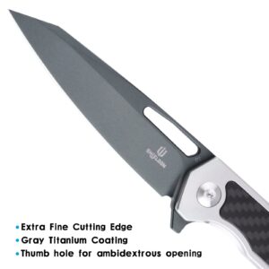 SHIELDON Barraskewda Folding Knife 3.74" Gray Titanium Coating D2 Steel Reverse Tanto Point Blade Stainless Steel and Carbon Fiber Handle Frame Lock Pocket Knife