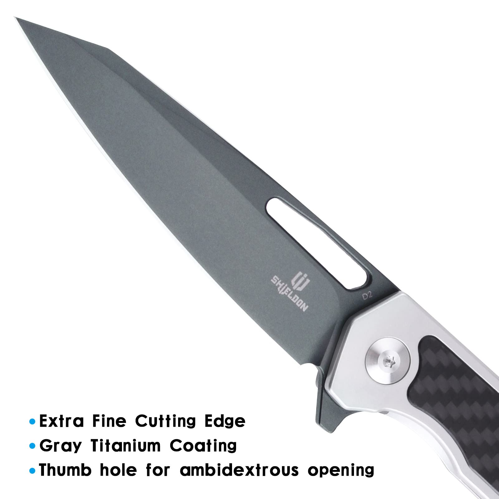 SHIELDON Barraskewda Folding Knife 3.74" Gray Titanium Coating D2 Steel Reverse Tanto Point Blade Stainless Steel and Carbon Fiber Handle Frame Lock Pocket Knife