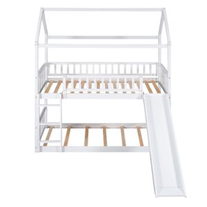 House Bunk Beds with Slide Twin Over Twin Floor Bunk Bed Frame Wood Playhouse Bunkbed with Storage for Kids Toddlers Girls/Boys, White