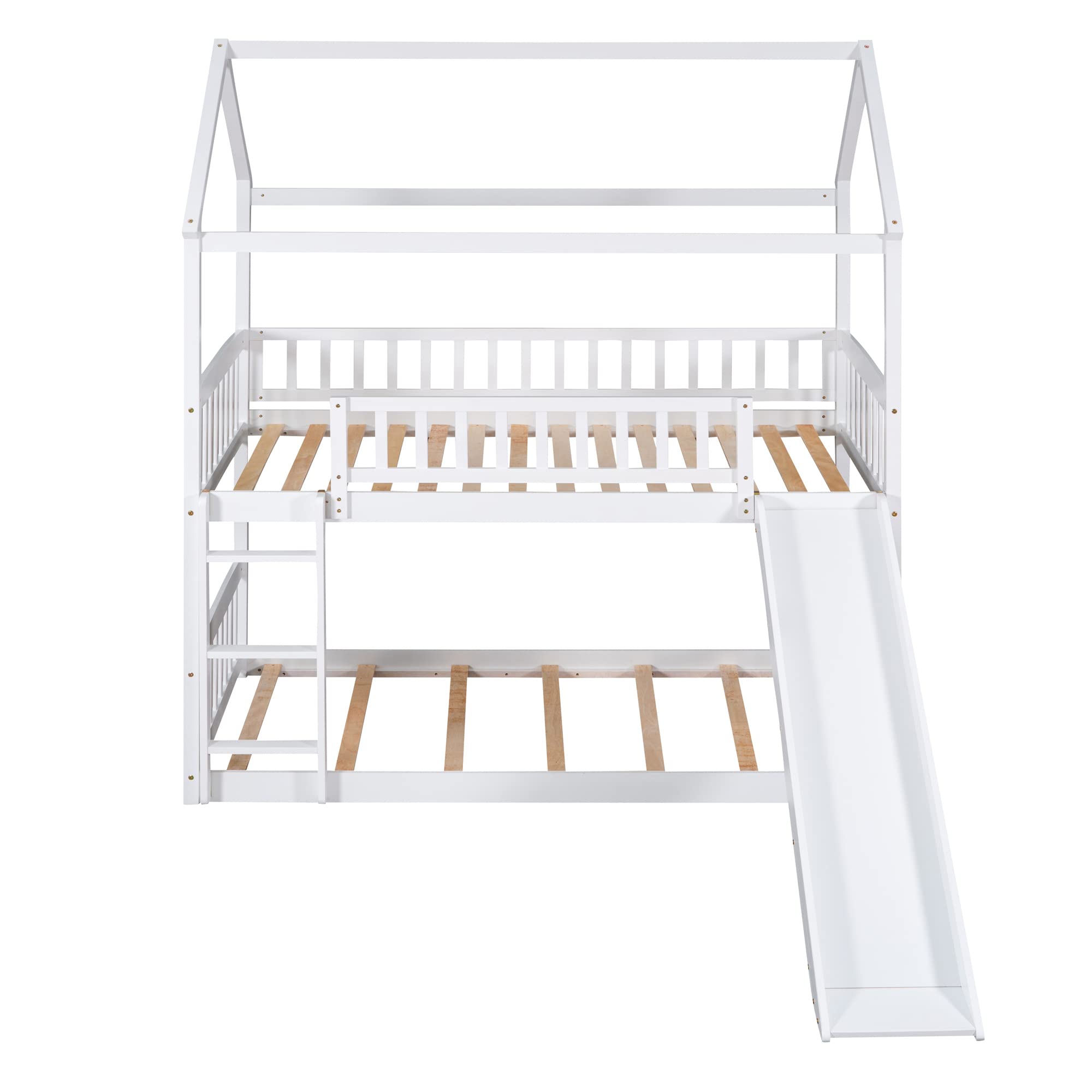 House Bunk Beds with Slide Twin Over Twin Floor Bunk Bed Frame Wood Playhouse Bunkbed with Storage for Kids Toddlers Girls/Boys, White