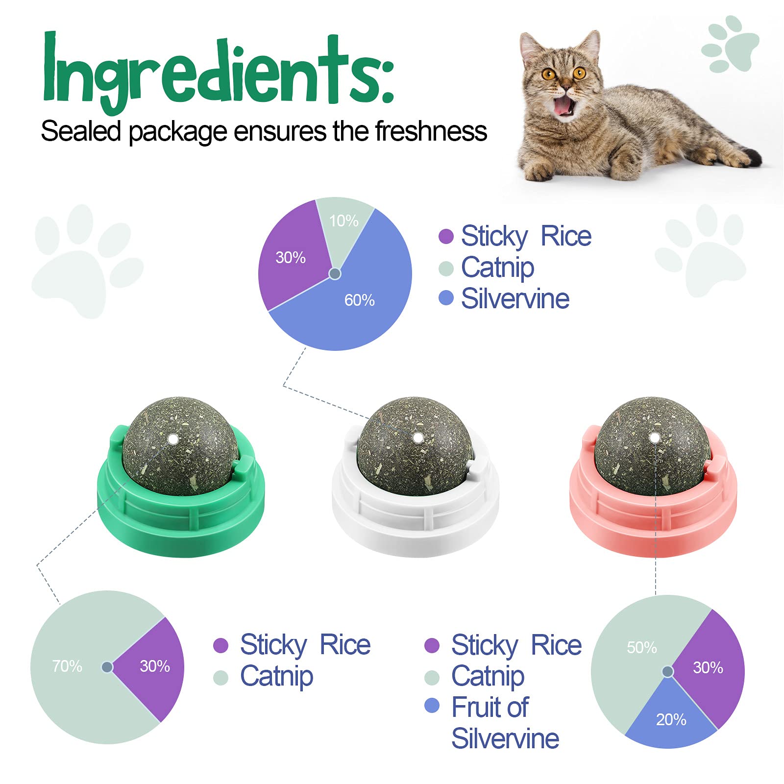 6 Pieces Silvervine Catnip Wall Balls Edible Kitty Catnip Wall Toys Licking Rotatable Cat Snack Ball Cat Wall Treats Safe Healthy Kitten Chew Toys for Cat Teeth Cleaning Biting, 3 Different Flavors