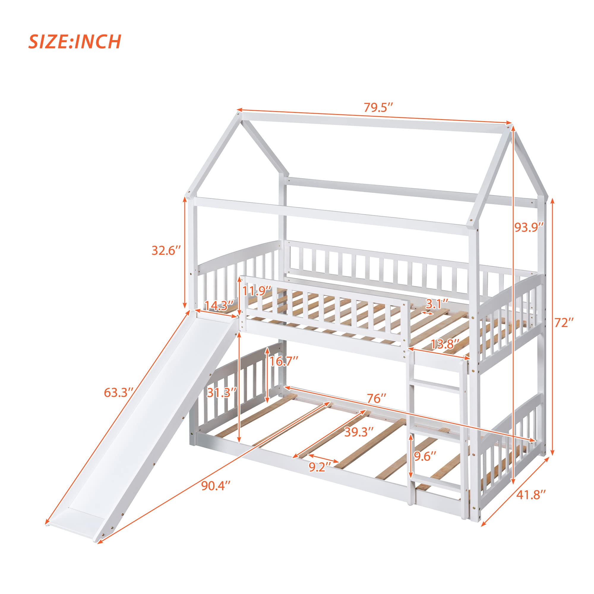 House Bunk Beds with Slide Twin Over Twin Floor Bunk Bed Frame Wood Playhouse Bunkbed with Storage for Kids Toddlers Girls/Boys, White