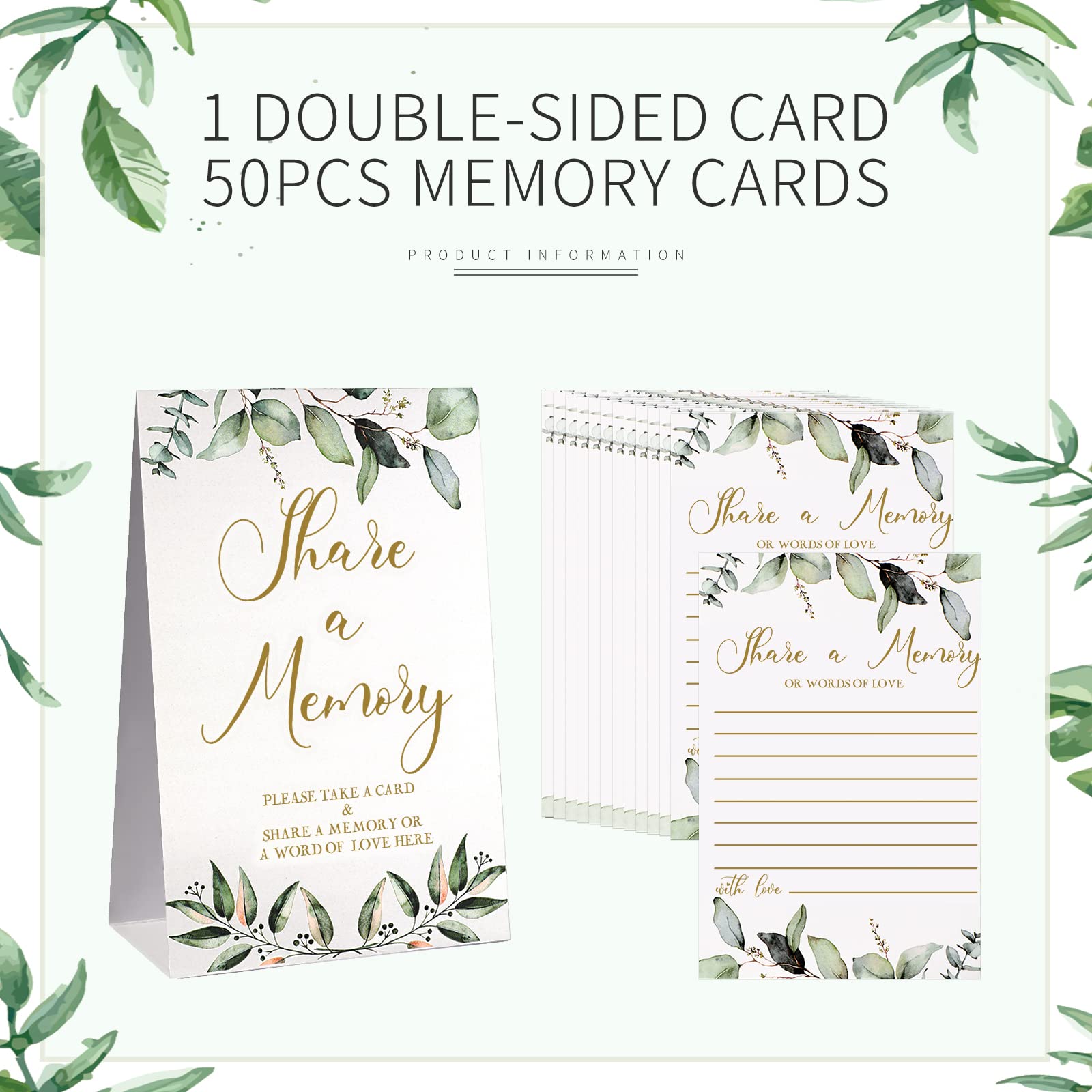 50 Pcs Share a Memory Cards and Greenery Place Cards Seating Place Cards Greenery Eucalyptus for Graduation, Wedding, Bridal Shower, Birthday Party, Celebration Anniversary, Funeral (Gold Font)