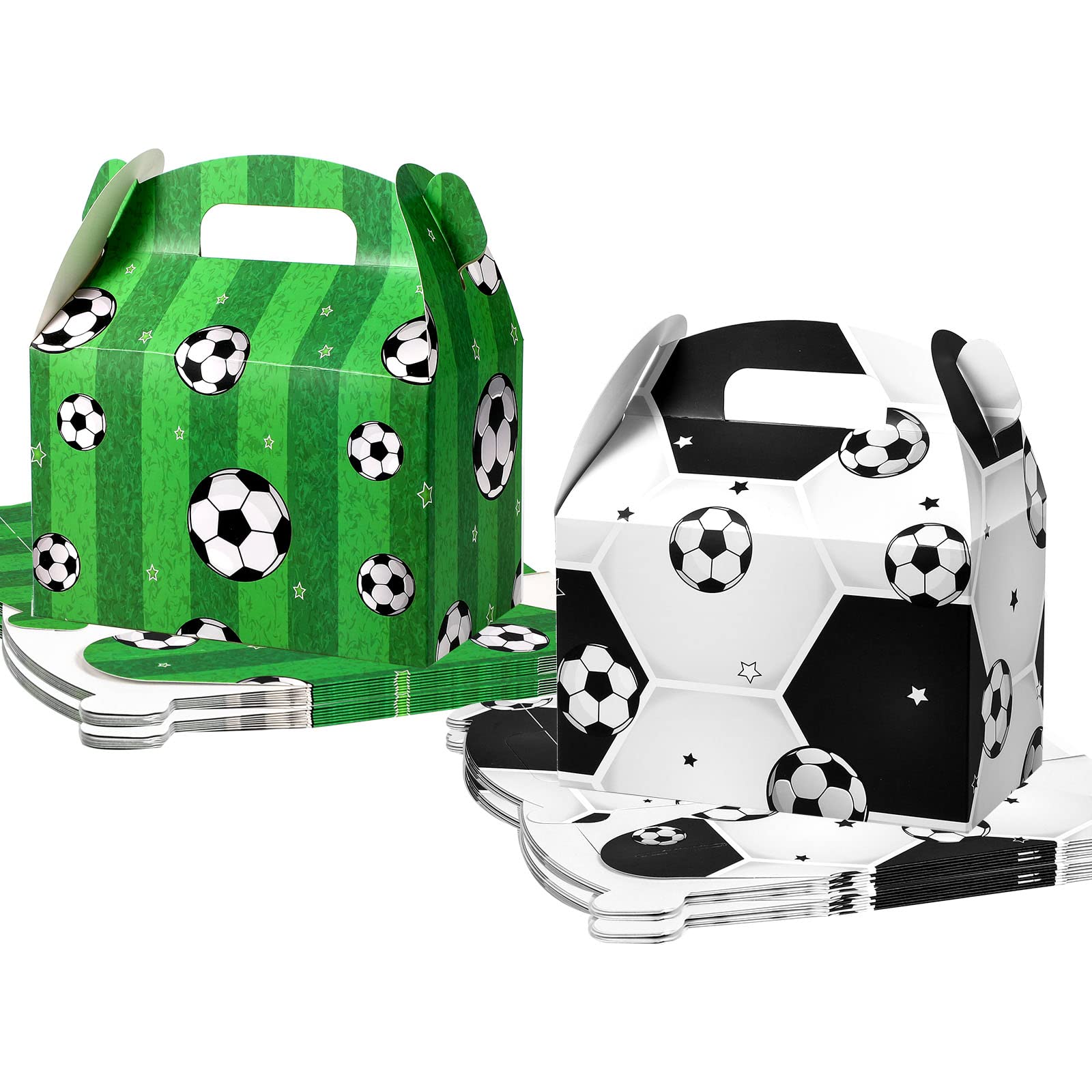 Outus 16 Pack Soccer Treat Boxes Soccer Candy Bags Soccer Party Favor Bags Goodie Boxes Paper Gift Boxes with Handle Birthday Party Favor Boxes Cookie Boxes, 6 x 6 x 3.5 Inch