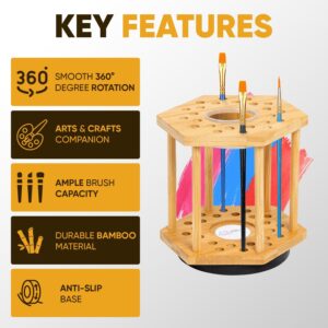 ZION L&J Rotating Paint Brush Organizer Spins 360 Degrees - Holds 24 Brushes - Bamboo Wooden Hexagonal Design Paint Brush Storage with 1 Centre Hole, Paint Brush Holder for Artist Desk, Arts & Crafts