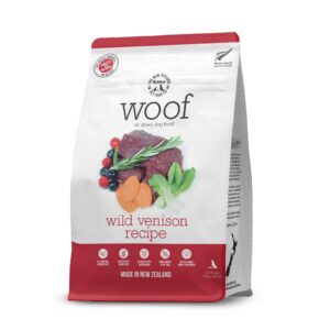 the new zealand natural pet food co. woof air dried dog bites -venison recipe air dried dog food,high protein venison dog food, healthy dog food,26.5oz