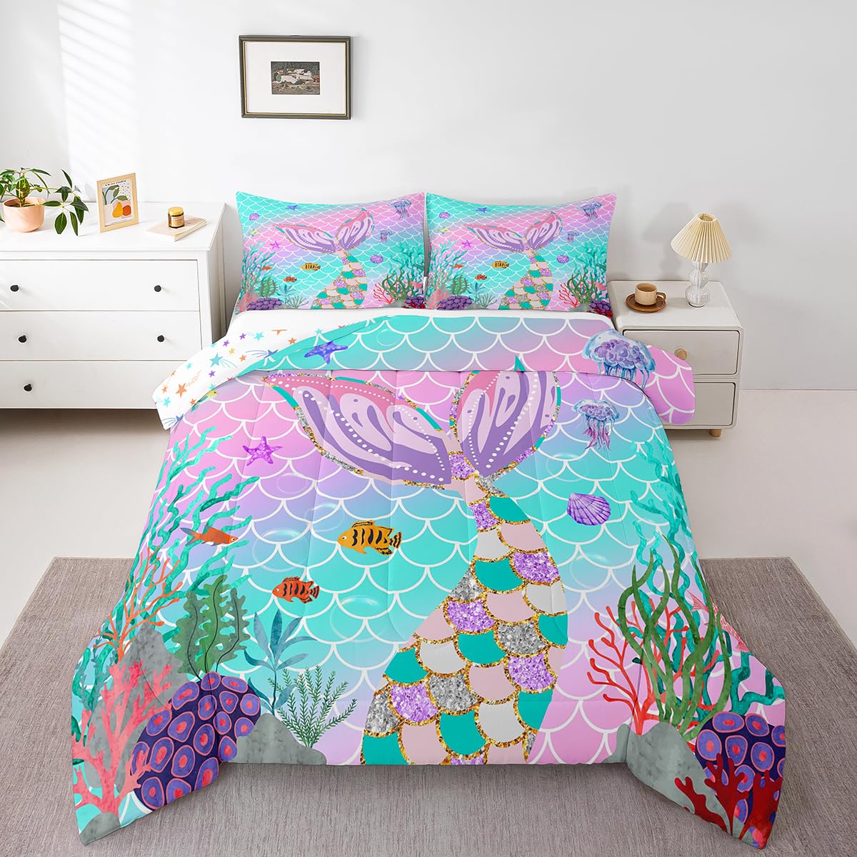 Erosebridal Twin Comforter Set for Girls, Mermaid Twin Bedding Sets for Girls Kids Toddler Ocean Fish Scales Quilt Rainbow Bedding Coastal Nautical Sea Animal Duvet Insert Teal Pastel Pink Room Decor