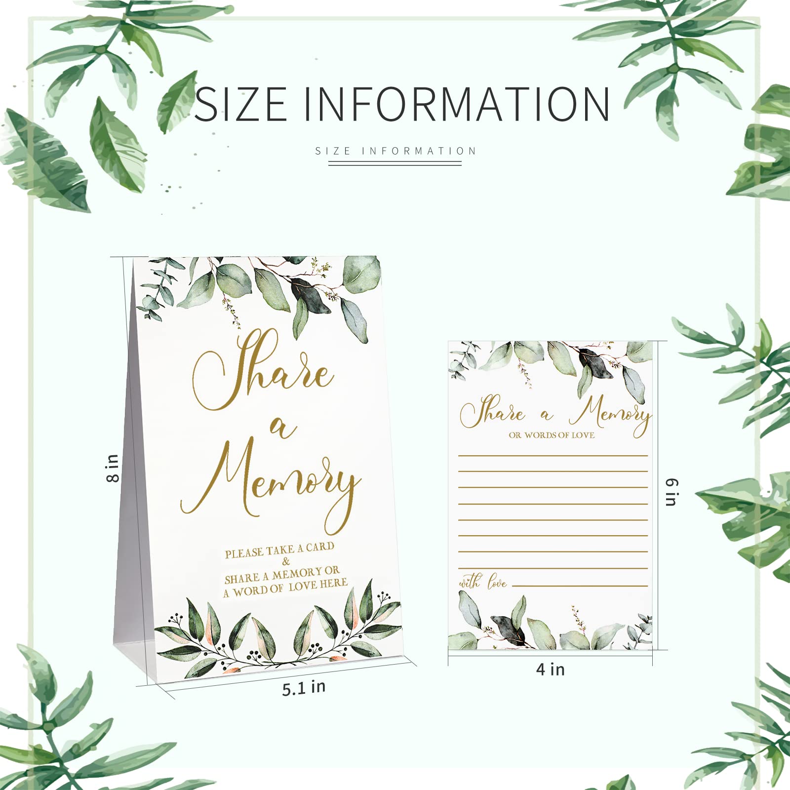 50 Pcs Share a Memory Cards and Greenery Place Cards Seating Place Cards Greenery Eucalyptus for Graduation, Wedding, Bridal Shower, Birthday Party, Celebration Anniversary, Funeral (Gold Font)