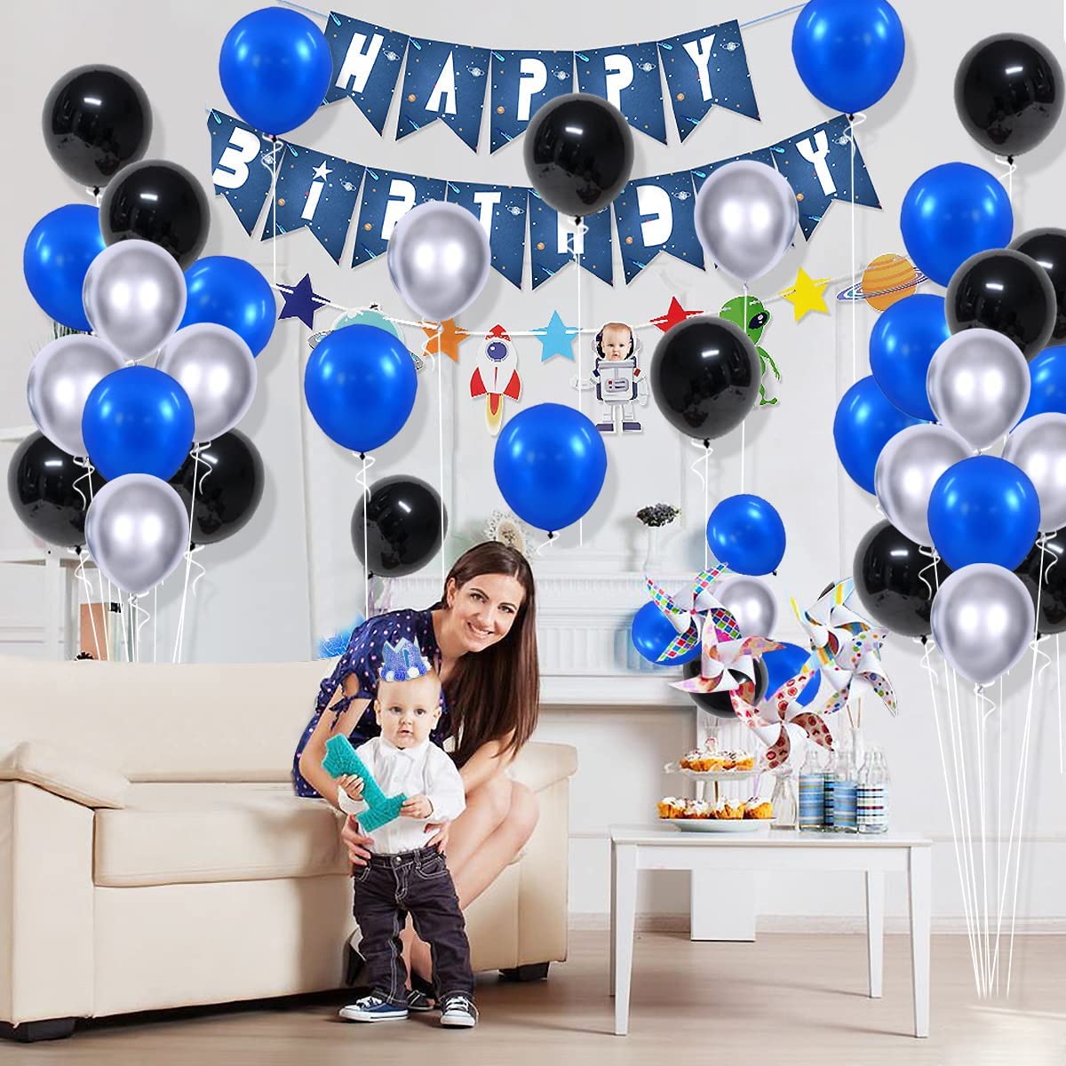 Black Blue Silver Balloon Garland Arch Kit - Royal Blue Black Balloon Metallic Silver Balloons for Boss Baby Birthday Video Gamer Birthday Retirement Graduation 2025 New Year Party Decorations