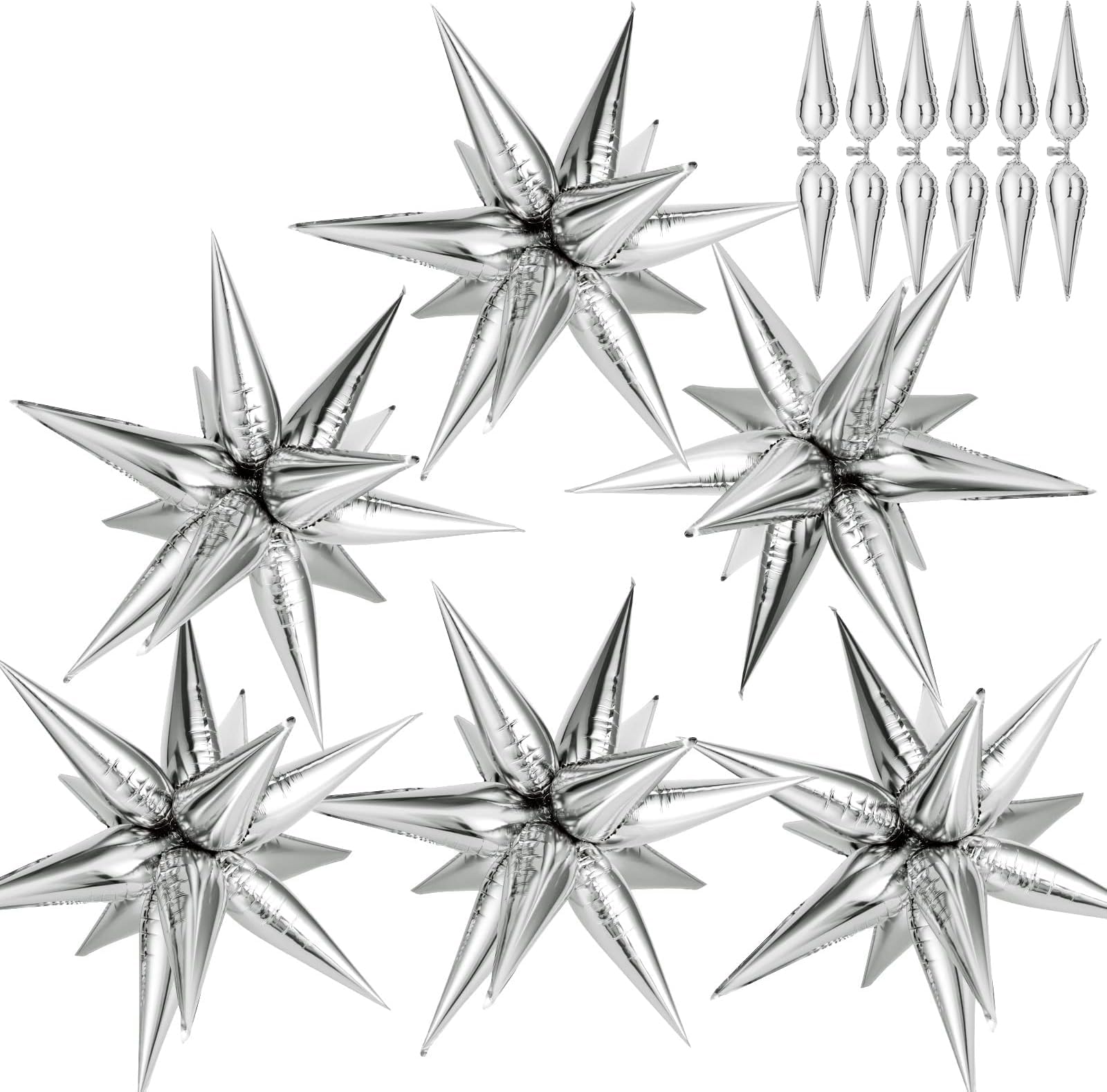 72 PCS Silver Star Balloons, 12 Point Star Foil Mylar Starburst Balloons Spike Explosion Cone Balloon for Party Decorations Supplies, Birthday, Wedding, Baby Shower, Graduation Balloons 2024