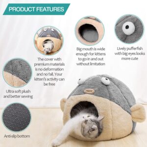 Cat Beds for Indoor Cats - Cat Bed Cave with Removable Washable Cushioned Pillow, Soft Plush Premium Cotton No Deformation Pet Bed, Lively Pufferfish Cat House Design, Grey, Multiple Sizes(M)