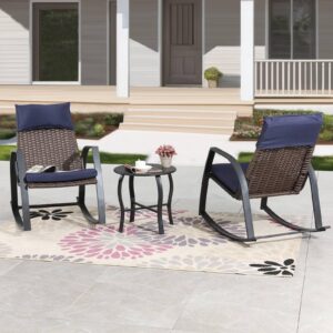 PatioFestival Patio Bistro Set 3 Pieces Outdoor Furniture Cushioned Rocking Chairs with Side Table Pillow All Weather Frame, Blue