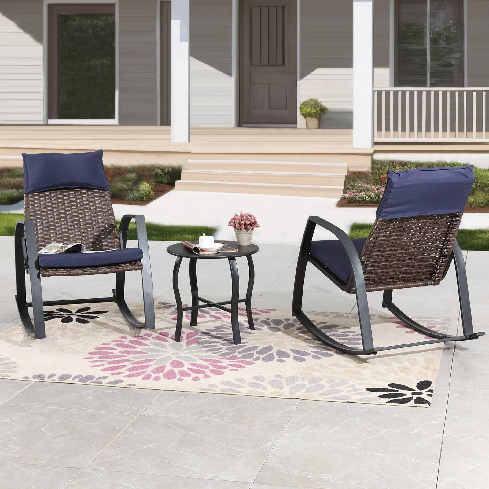 PatioFestival Patio Bistro Set 3 Pieces Outdoor Furniture Cushioned Rocking Chairs with Side Table Pillow All Weather Frame, Blue