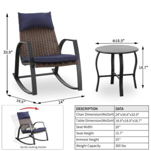 PatioFestival Patio Bistro Set 3 Pieces Outdoor Furniture Cushioned Rocking Chairs with Side Table Pillow All Weather Frame, Blue