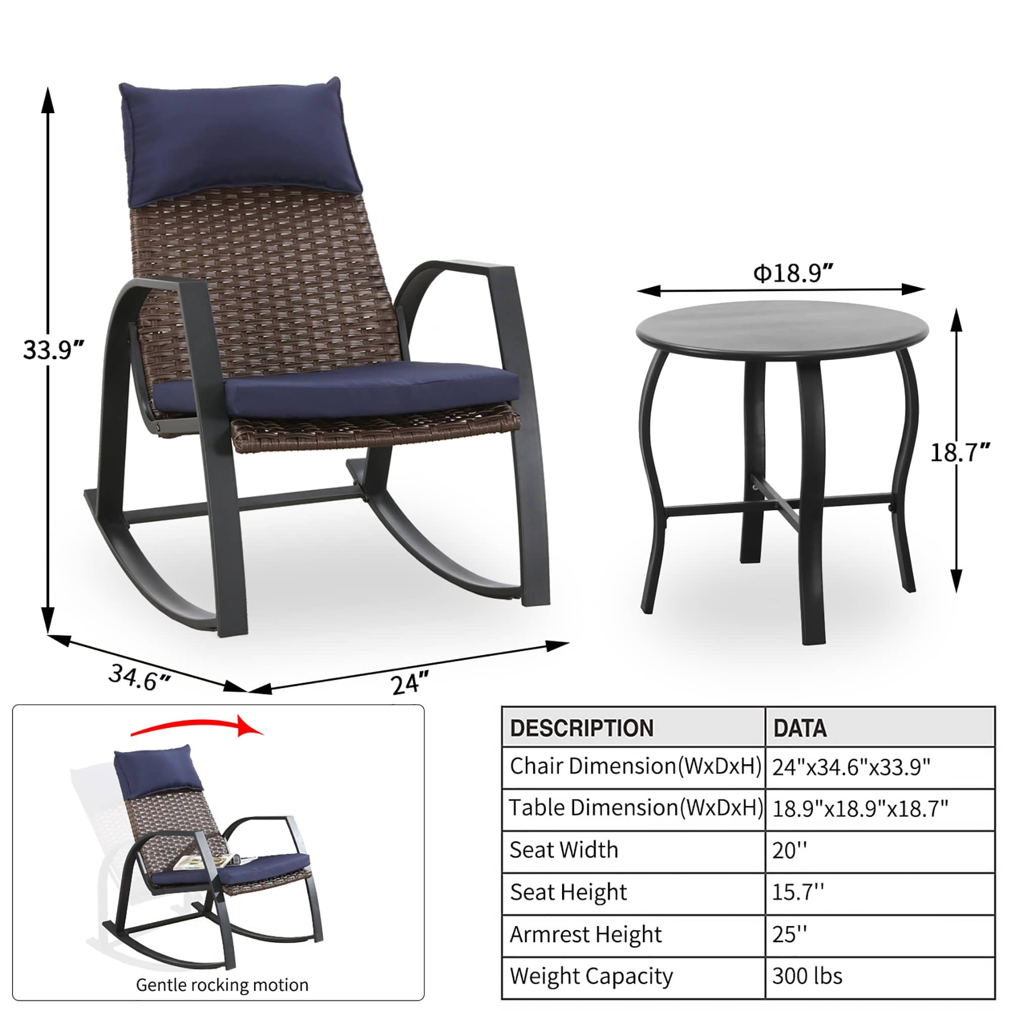 PatioFestival Patio Bistro Set 3 Pieces Outdoor Furniture Cushioned Rocking Chairs with Side Table Pillow All Weather Frame, Blue