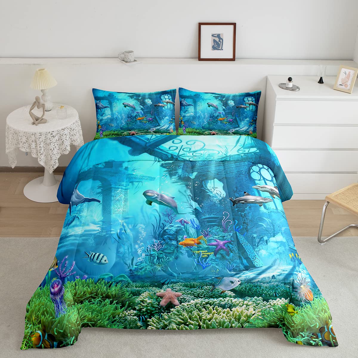 Erosebridal 3D Underwater World Bedding Set Beach Fish Sea Blue Comforter Set Queen Size, Shark Dolphin Duvet Filler for Kids Child, Jellyfish Starfish Quilted Duvet Tropical Sealife Bedroom Decor