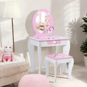 Costzon Kids Vanity Set with Mirror, 2 in 1 Wooden Princess Makeup Dressing Table with Detachable Top, Toddler Girls Vanity with Drawer & Stool, Pretend Play Vanity Set for Little Girls, White