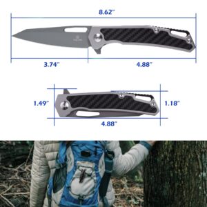 SHIELDON Barraskewda Folding Knife 3.74" Gray Titanium Coating D2 Steel Reverse Tanto Point Blade Stainless Steel and Carbon Fiber Handle Frame Lock Pocket Knife