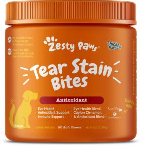 zesty paws tear stain support soft chews for dogs - for eye moisture + vision & immune support - functional supplements with fish oil, lutein, cranberry & vitamin c - chicken flavor - 90 ct