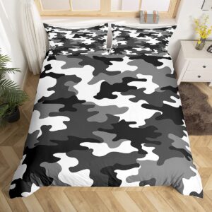 Army Camo Bedding Set, Black and Gray Military Style Camouflage Comforter Cover for Adult Boys Teens Abstract Art Pixel Design Duvet Cover, Soft Microfiber Durable Bedding Collection, Full Size