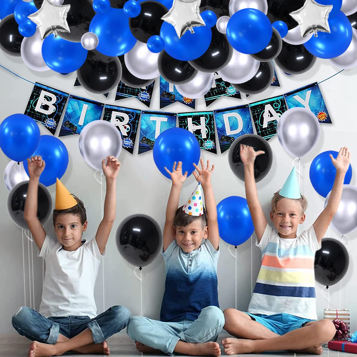 Black Blue Silver Balloon Garland Arch Kit - Royal Blue Black Balloon Metallic Silver Balloons for Boss Baby Birthday Video Gamer Birthday Retirement Graduation 2025 New Year Party Decorations