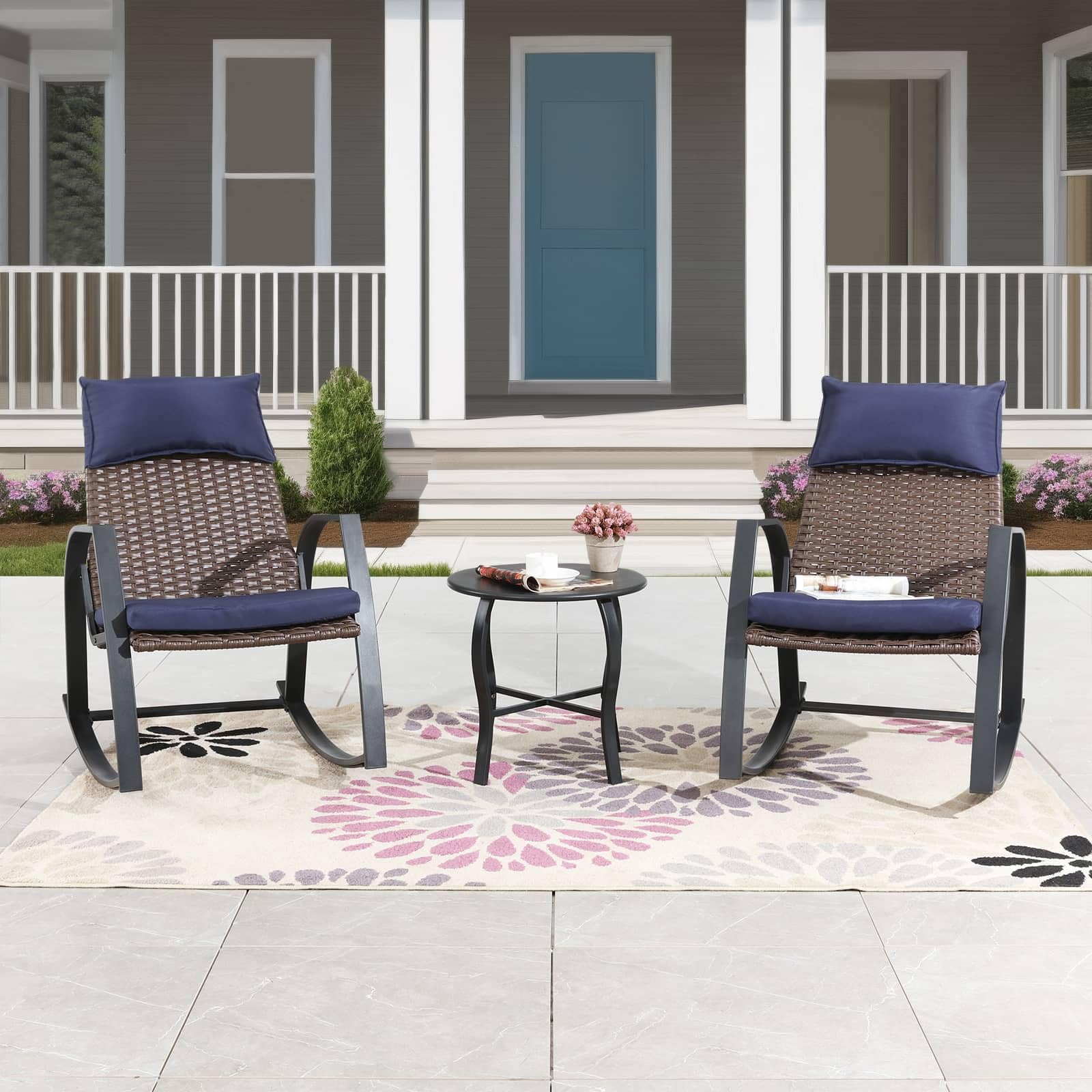 PatioFestival Patio Bistro Set 3 Pieces Outdoor Furniture Cushioned Rocking Chairs with Side Table Pillow All Weather Frame, Blue