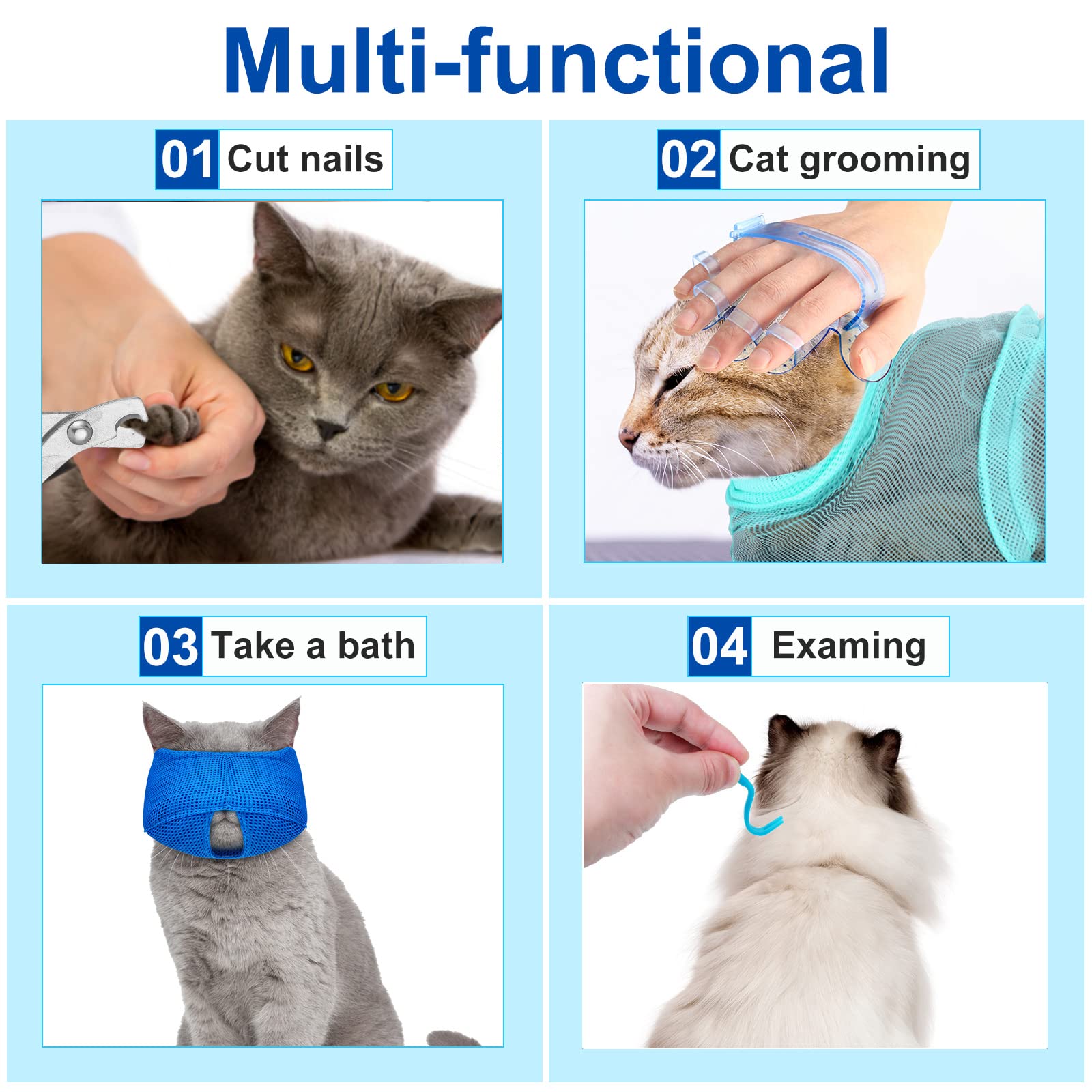 9 Pieces Cat Bathing Bag Set Cat Shower Bag Anti Bite and Anti Scratch Cat Grooming Bag for Pet Washing Brush Comb, Cat Muzzle, Nail Clipper, Nail File, Tick Tool (Blue, Turquoise)