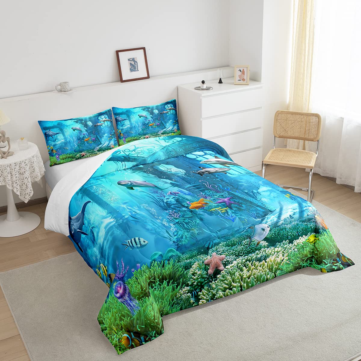 Erosebridal 3D Underwater World Bedding Set Beach Fish Sea Blue Comforter Set Queen Size, Shark Dolphin Duvet Filler for Kids Child, Jellyfish Starfish Quilted Duvet Tropical Sealife Bedroom Decor