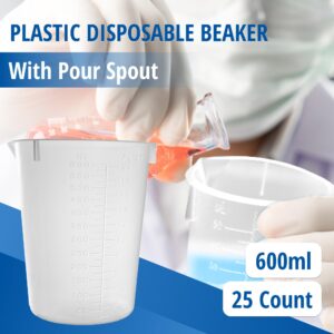 Plastic Beaker 600ml / 20.28 oz Set of 25 by Maryland Plastics – Clear Graduated Disposable Beakers with Pour Spout – Ideal for Resin Mixing, Science Labs, and Home Use