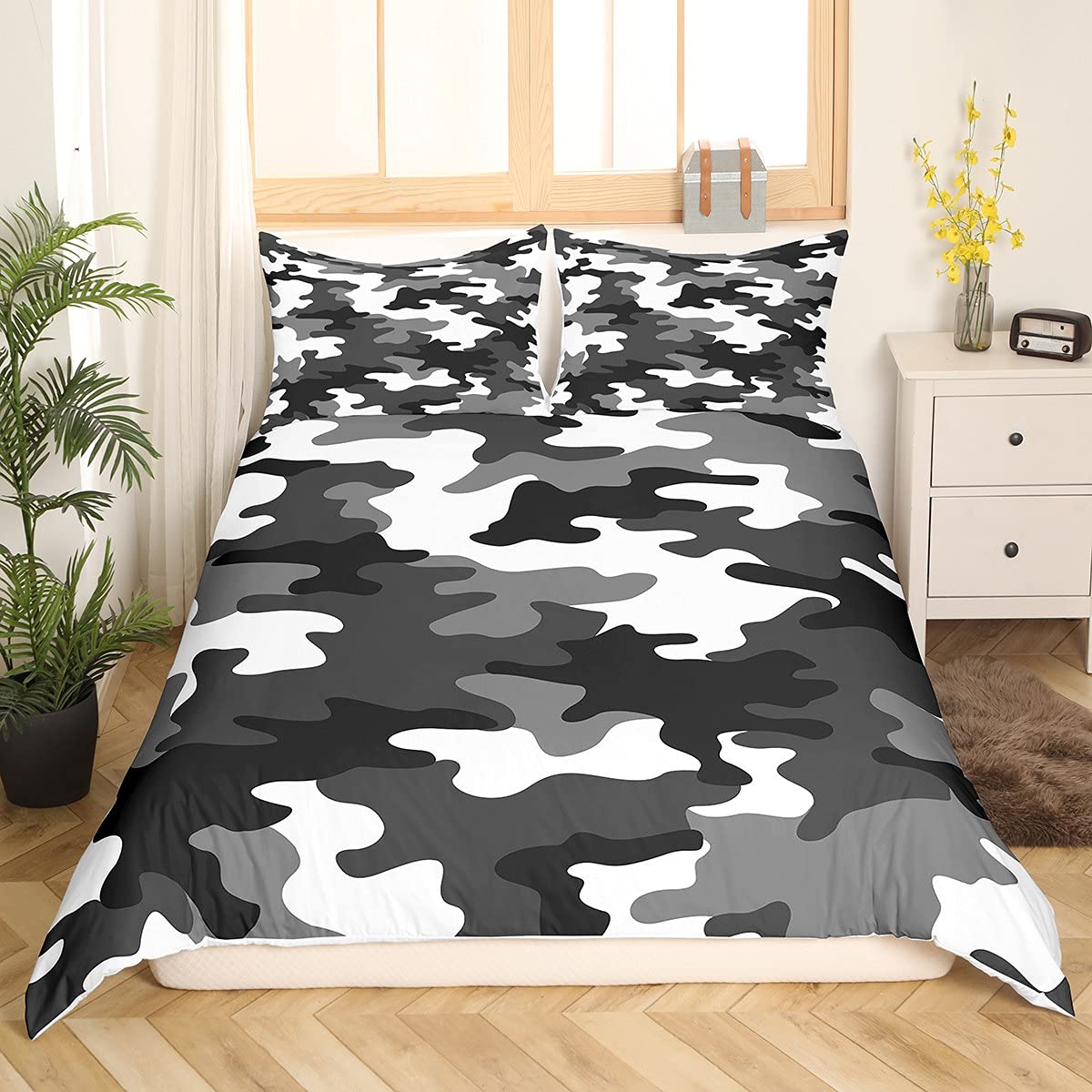 Army Camo Bedding Set, Black and Gray Military Style Camouflage Comforter Cover for Adult Boys Teens Abstract Art Pixel Design Duvet Cover, Soft Microfiber Durable Bedding Collection, Full Size