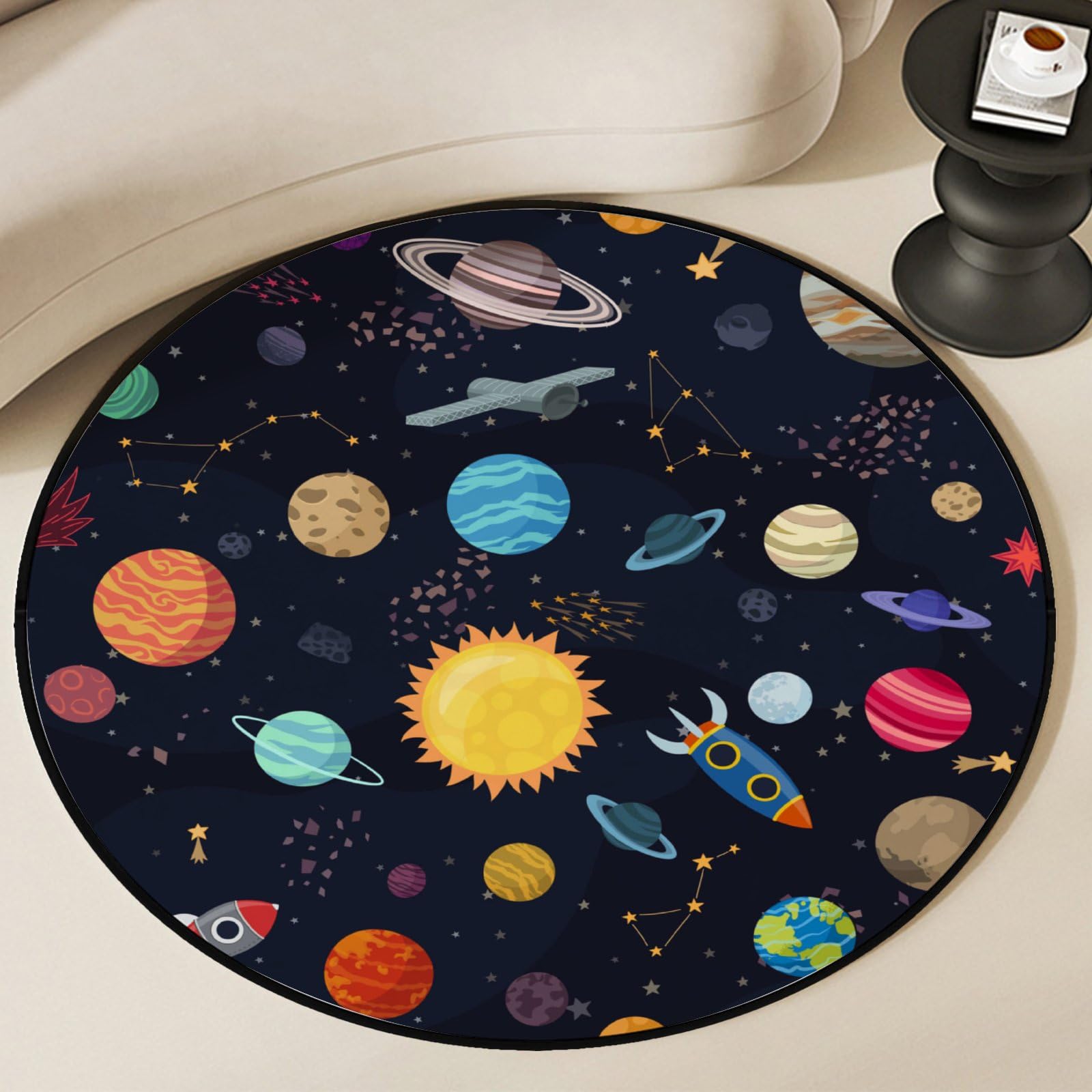 BVOGOS 3’Ft Large Round Area Rug Galaxy Cartoon Space, Ultra Soft Kids Floor Playing Mat for Bedroom Living Room Baby Room, Non-Skid Lightweight Foam Rugs Home Decor