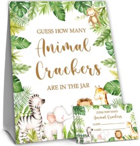 safari jungle guessing game cards, guess how many animal crackers guessing game, 50 cards and matching sign, safari animal baby shower game