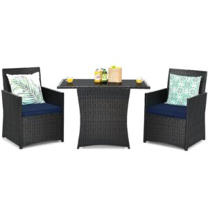 tangkula 3 pieces patio dining set, space-saving pe rattan bistro set with tempered glass top table and cushioned chairs, outdoor conversation set for garden backyard poolside porch (blue)