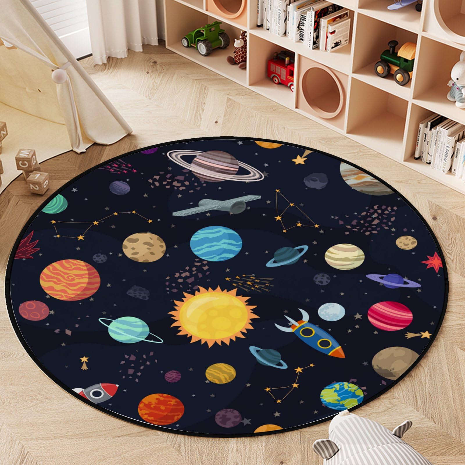 BVOGOS 3’Ft Large Round Area Rug Galaxy Cartoon Space, Ultra Soft Kids Floor Playing Mat for Bedroom Living Room Baby Room, Non-Skid Lightweight Foam Rugs Home Decor