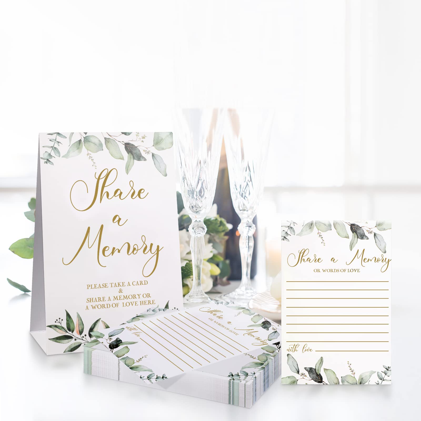 50 Pcs Share a Memory Cards and Greenery Place Cards Seating Place Cards Greenery Eucalyptus for Graduation, Wedding, Bridal Shower, Birthday Party, Celebration Anniversary, Funeral (Gold Font)