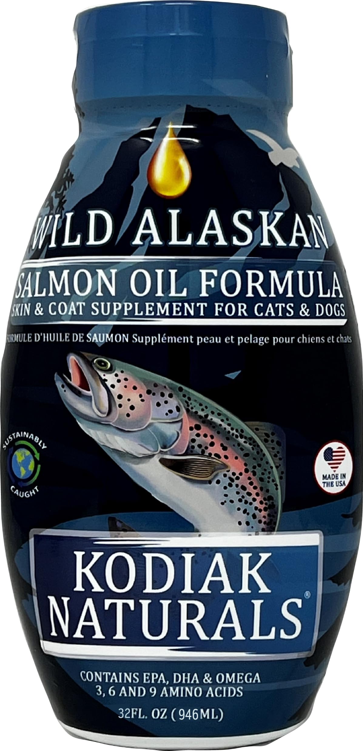 Kodiak Naturals, 32 oz Wild Alaskan Salmon Oil Formula - Balanced Blend of Pure Fish Oils, with EPA and DHA from Wild-Caught Fish, Support for Skin & Coat, Immune & Heart Health, and Joints