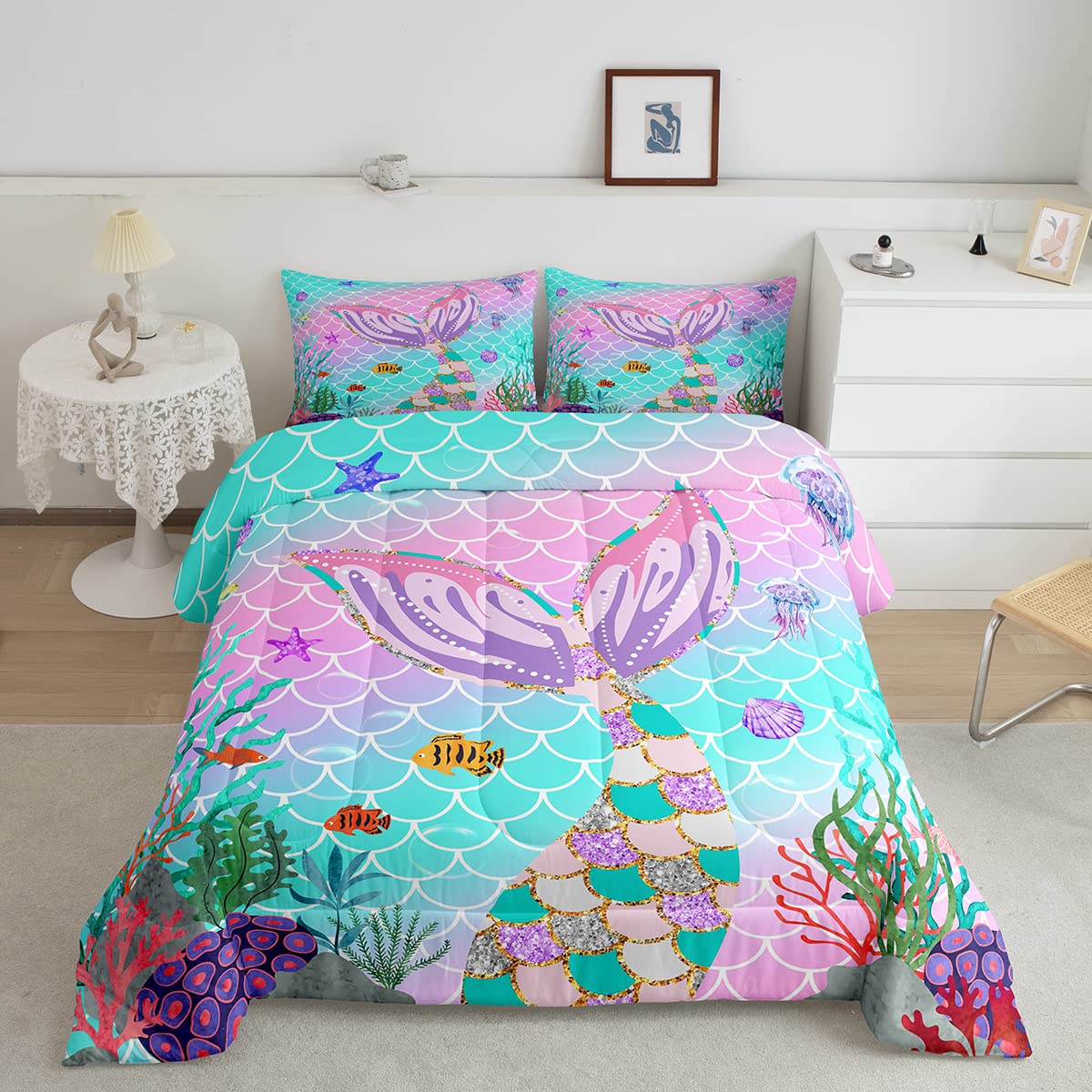 Erosebridal Twin Comforter Set for Girls, Mermaid Twin Bedding Sets for Girls Kids Toddler Ocean Fish Scales Quilt Rainbow Bedding Coastal Nautical Sea Animal Duvet Insert Teal Pastel Pink Room Decor