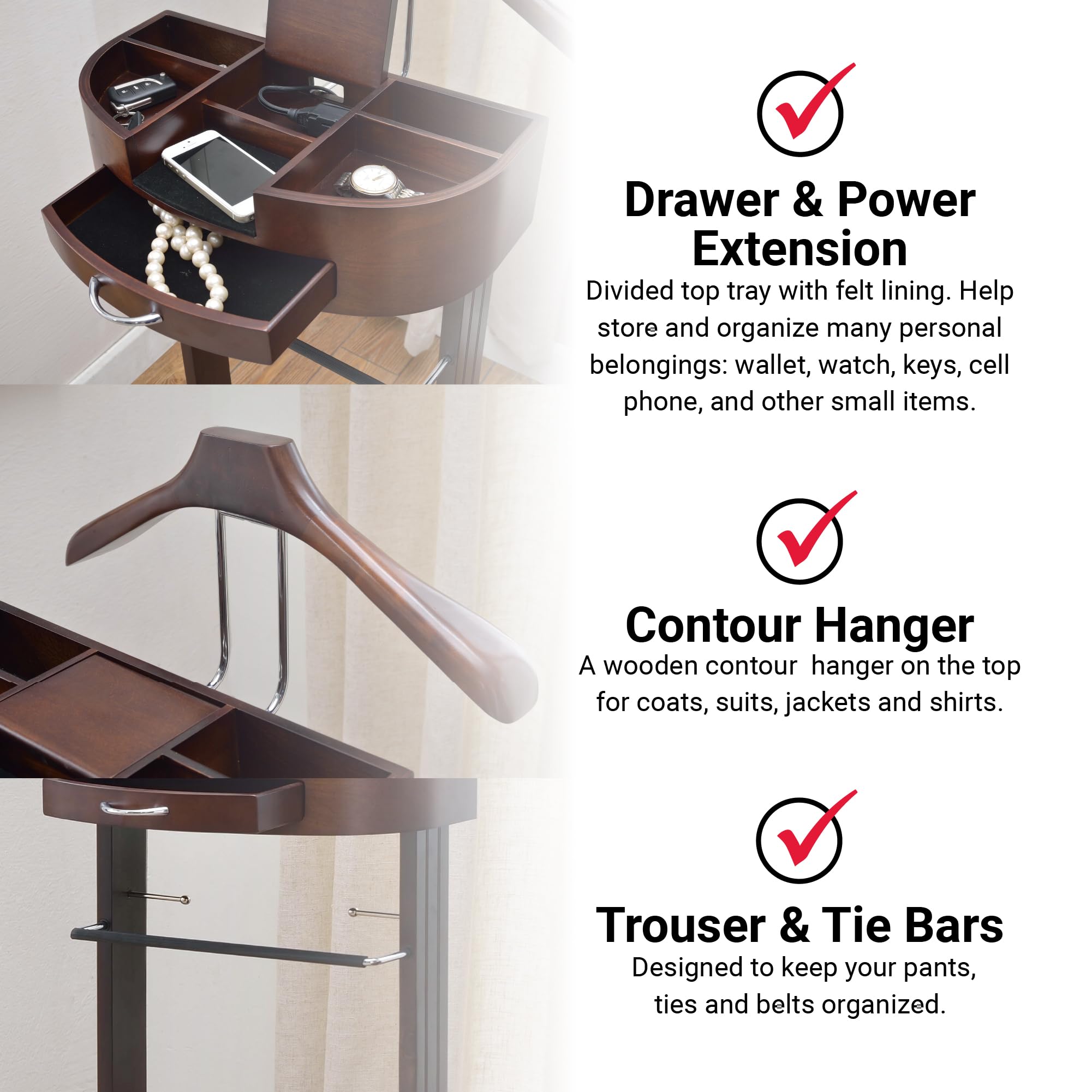 Proman Products - Crescent Moon Valet, Mens Valet Stand with Drawer, Top Tray, Contour Hanger, Trouser Bar, Belt Hooks & Shoe Rack, Accessory & Clothes Organizer (Mahogany)