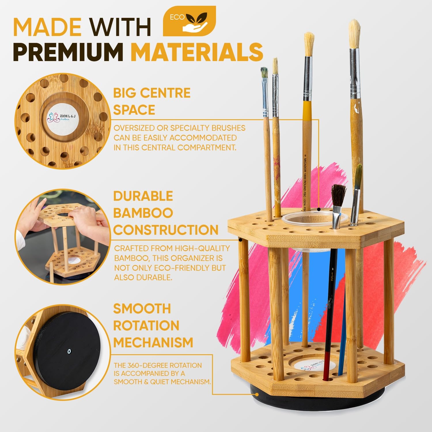 ZION L&J Rotating Paint Brush Organizer Spins 360 Degrees - Holds 24 Brushes - Bamboo Wooden Hexagonal Design Paint Brush Storage with 1 Centre Hole, Paint Brush Holder for Artist Desk, Arts & Crafts