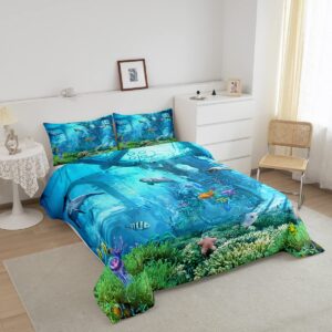 Erosebridal 3D Underwater World Bedding Set Beach Fish Sea Blue Comforter Set Queen Size, Shark Dolphin Duvet Filler for Kids Child, Jellyfish Starfish Quilted Duvet Tropical Sealife Bedroom Decor