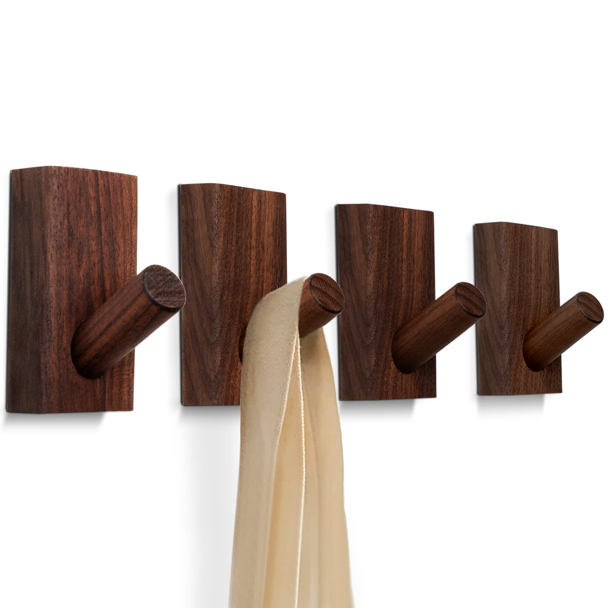 TURDORIA 4-Pack Wood Wall Hooks for Hanging - Decorative Mounted Hooks For Towel Heavy Duty Coats - Robe, Backpack (Walnut)