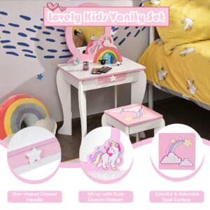 HONEY JOY Kids Vanity Set with Mirror, Wooden Princess Makeup Table and Stool Set, Detachable Mirror & Storage Drawer, Pretend Play Toddler Girl Vanity, Vanity for Little Girls (Unicorn White)