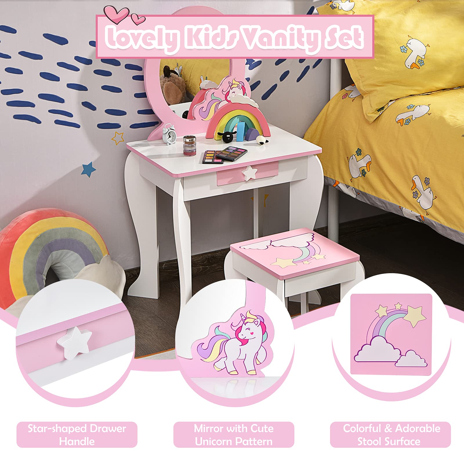 Costzon Kids Vanity Set with Mirror, 2 in 1 Wooden Princess Makeup Dressing Table with Detachable Top, Toddler Girls Vanity with Drawer & Stool, Pretend Play Vanity Set for Little Girls, White