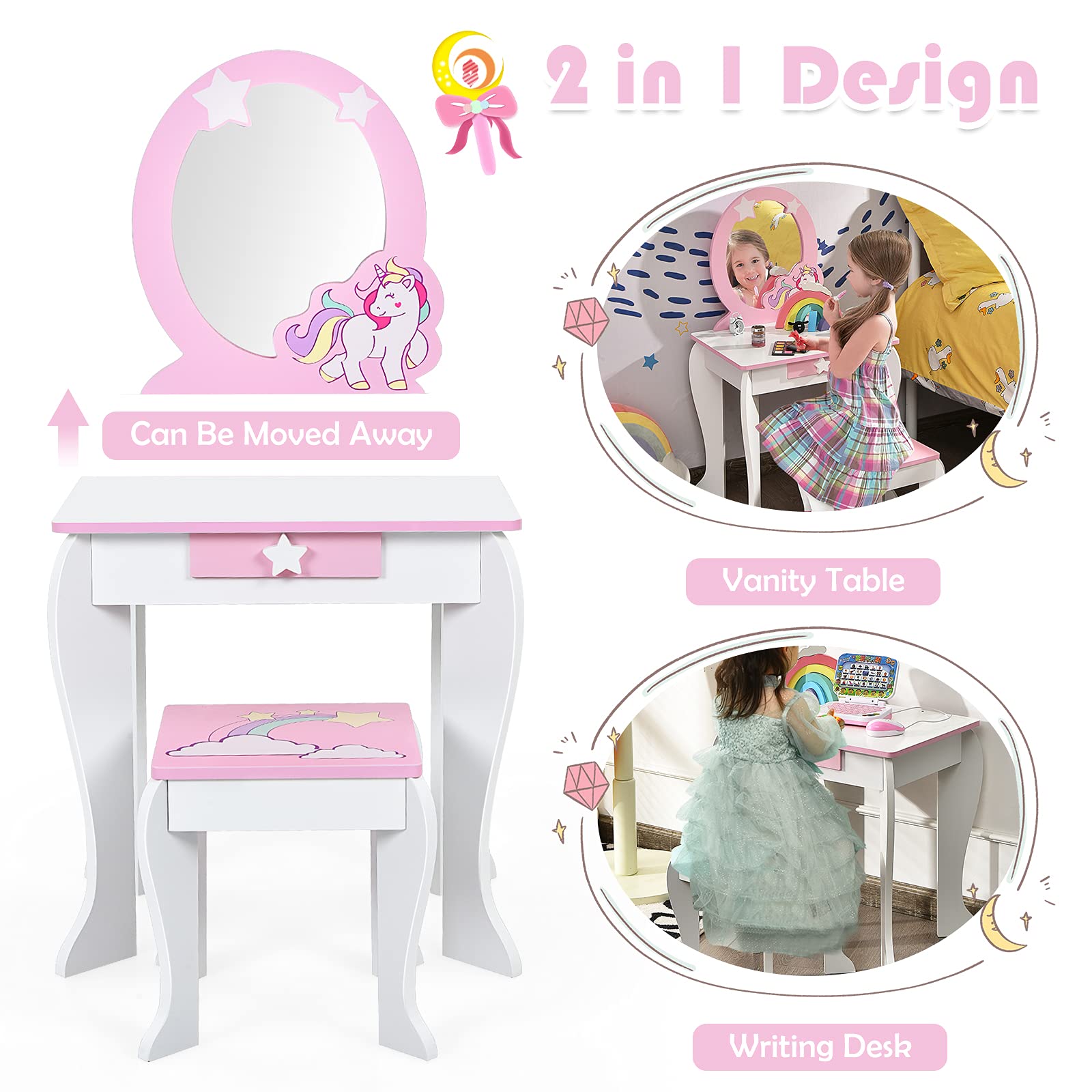 HONEY JOY Kids Vanity Set with Mirror, Wooden Princess Makeup Table and Stool Set, Detachable Mirror & Storage Drawer, Pretend Play Toddler Girl Vanity, Vanity for Little Girls (Unicorn White)