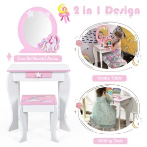 Costzon Kids Vanity Set with Mirror, 2 in 1 Wooden Princess Makeup Dressing Table with Detachable Top, Toddler Girls Vanity with Drawer & Stool, Pretend Play Vanity Set for Little Girls, White