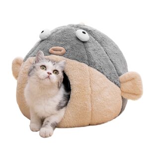 cat beds for indoor cats - cat bed cave with removable washable cushioned pillow, soft plush premium cotton no deformation pet bed, lively pufferfish cat house design, grey, multiple sizes(m)