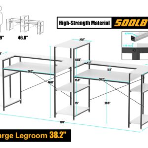 HYPIGO 109 Inches White Double Computer Desk, Extra Long Two Person Desk Workstation with Storage Shelves & Monitor Stand, Large Office Desk Study Writing Table for Home Office