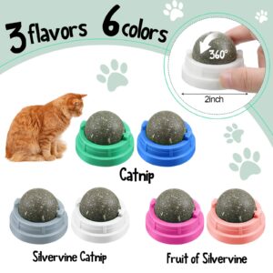 6 Pieces Silvervine Catnip Wall Balls Edible Kitty Catnip Wall Toys Licking Rotatable Cat Snack Ball Cat Wall Treats Safe Healthy Kitten Chew Toys for Cat Teeth Cleaning Biting, 3 Different Flavors