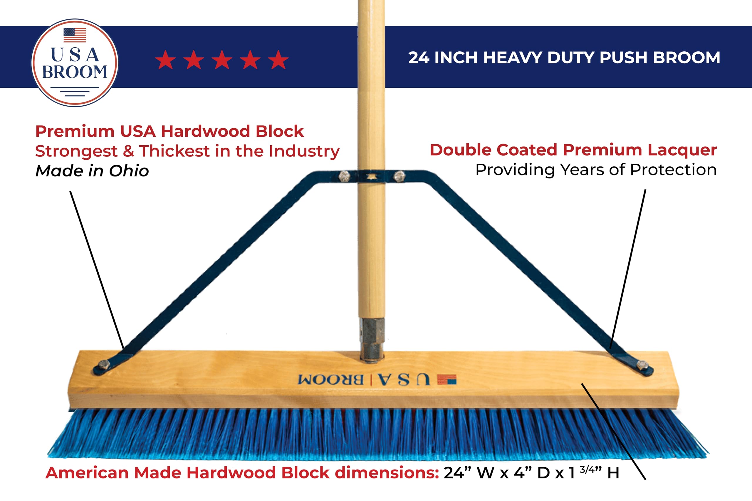 USA Broom 24" Heavy Duty Indoor/Outdoor Push Broom with 60" Handle. Ideal for Garages & Shops. Durable American Made Steel Brackets-All Stainless Steel Hardware. No Plastic. 100% Made in The USA.