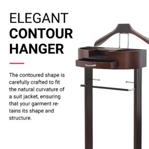 Proman Products - Crescent Moon Valet, Mens Valet Stand with Drawer, Top Tray, Contour Hanger, Trouser Bar, Belt Hooks & Shoe Rack, Accessory & Clothes Organizer (Mahogany)